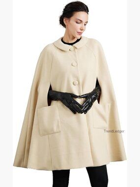 Wool Blend Cape Coat with Pockets Single-Breasted Pea Coat